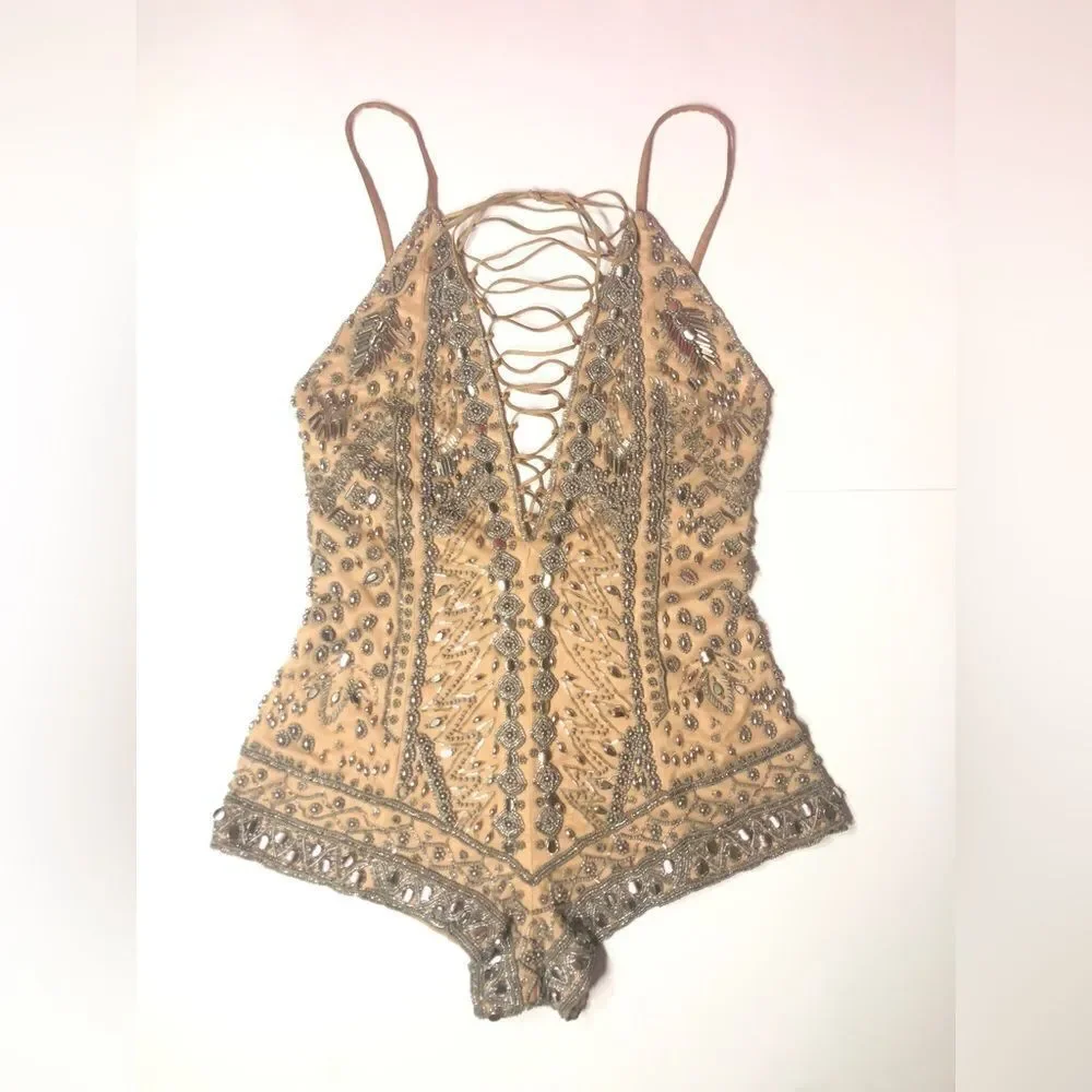 X by NBD Pandora Romper Champagne Allover Beading Plunging Lace Up Festival - Picture 5 of 15